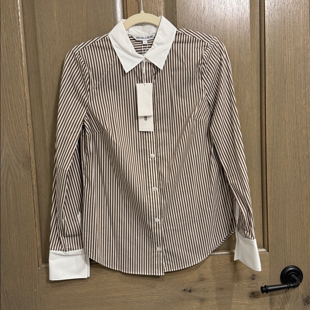 Veronica Beard White & Brown Stripe Button-Down Cotton Shirt Size 0 NWT
